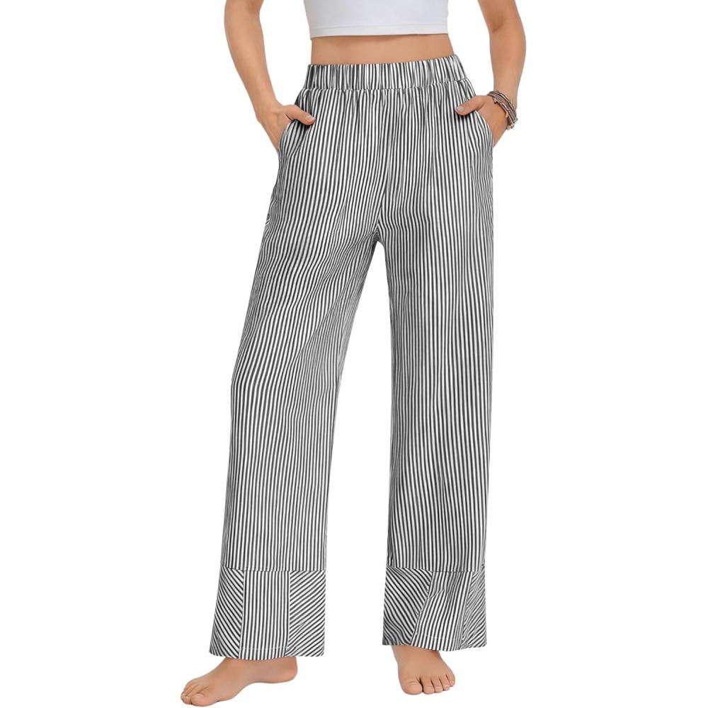 imageSWOMOG Womens 100 Cotton Pajama Pants Lightweight Gingham Lounge Bottoms Casual Wide Leg PJ Pants with PocketsBlack White Stripes