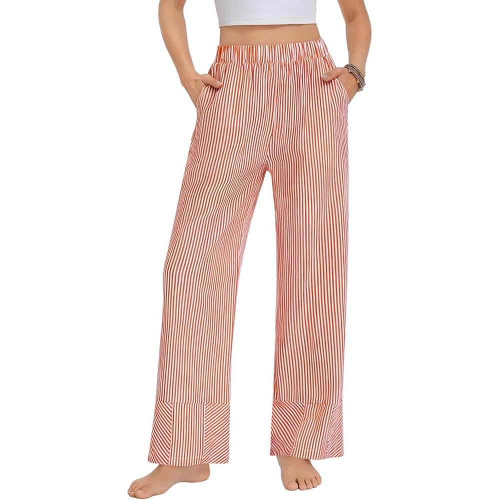 imageSWOMOG Womens 100 Cotton Pajama Pants Lightweight Gingham Lounge Bottoms Casual Wide Leg PJ Pants with PocketsOrange White Stripes