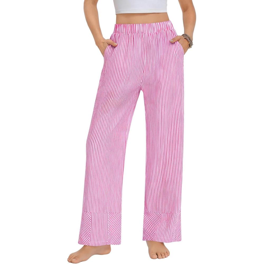 imageSWOMOG Womens 100 Cotton Pajama Pants Lightweight Gingham Lounge Bottoms Casual Wide Leg PJ Pants with PocketsPink White Stripes