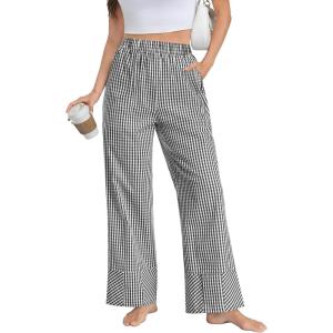 SWOMOG Womens 100% Cotton Pajama Pants Lightweight Gingham Lounge Bottoms Casual Wide Leg PJ Pants with Pockets(Black White Plaid)