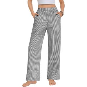 SWOMOG Womens 100% Cotton Pajama Pants Lightweight Gingham Lounge Bottoms Casual Wide Leg PJ Pants with Pockets(Black White Stripes)