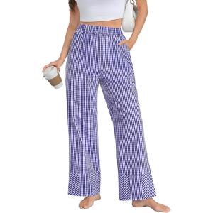 SWOMOG Womens 100% Cotton Pajama Pants Lightweight Gingham Lounge Bottoms Casual Wide Leg PJ Pants with Pockets(Blue Plaid)