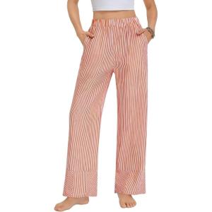 SWOMOG Womens 100% Cotton Pajama Pants Lightweight Gingham Lounge Bottoms Casual Wide Leg PJ Pants with Pockets(Orange White Stripes)