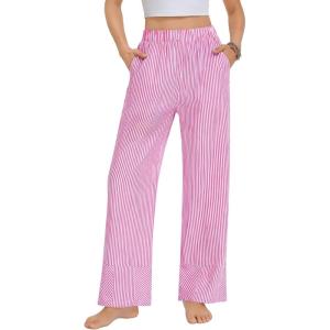 SWOMOG Womens 100% Cotton Pajama Pants Lightweight Gingham Lounge Bottoms Casual Wide Leg PJ Pants with Pockets(Pink White Stripes)