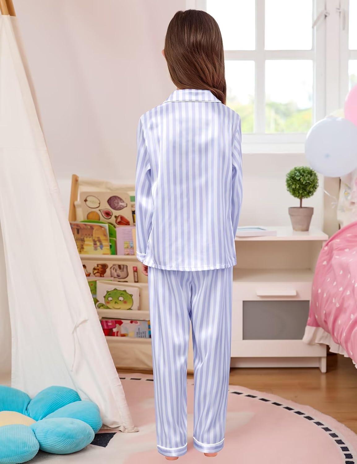 imageSWOMOG 4 pcs Kids Girls Satin Pajamas Set Silk ButtonDown PJs Sets Soft Lounge Sets Long Sleeve Sleepwear4 Pcsblue Striped