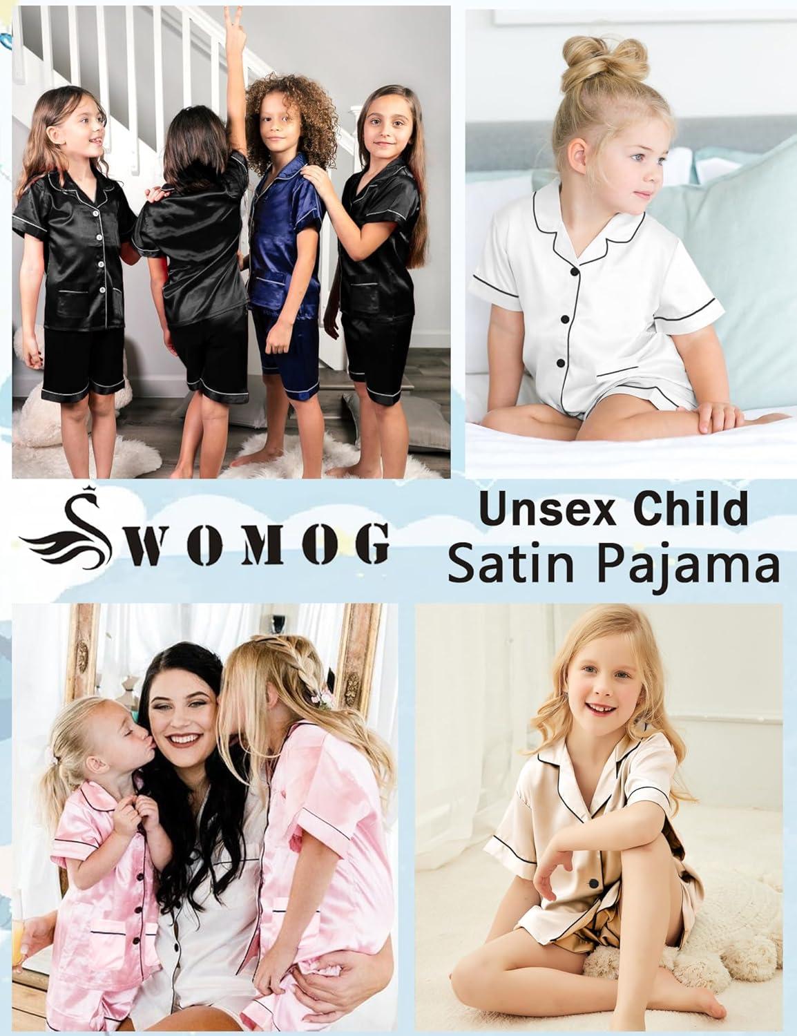 imageSWOMOG Girls Pajamas Silk Satin Pajama Set Short Sleeve Button Down Sleepwear Soft Cute PJs with Ruffle Shorts LoungewearBlack