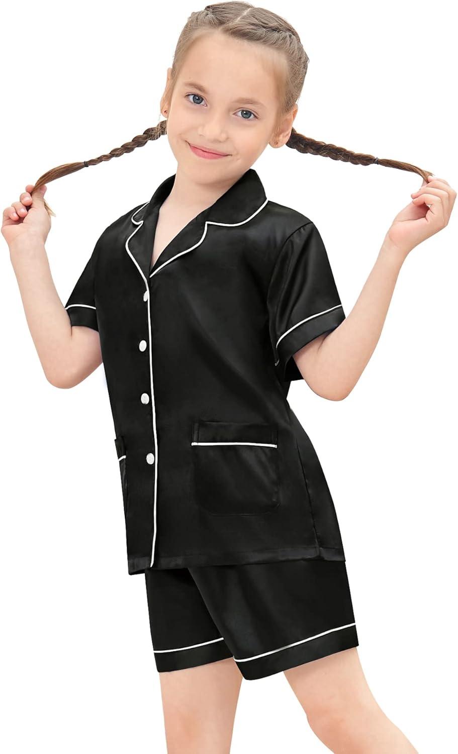 imageSWOMOG Girls Pajamas Silk Satin Pajama Set Short Sleeve Button Down Sleepwear Soft Cute PJs with Ruffle Shorts LoungewearInky