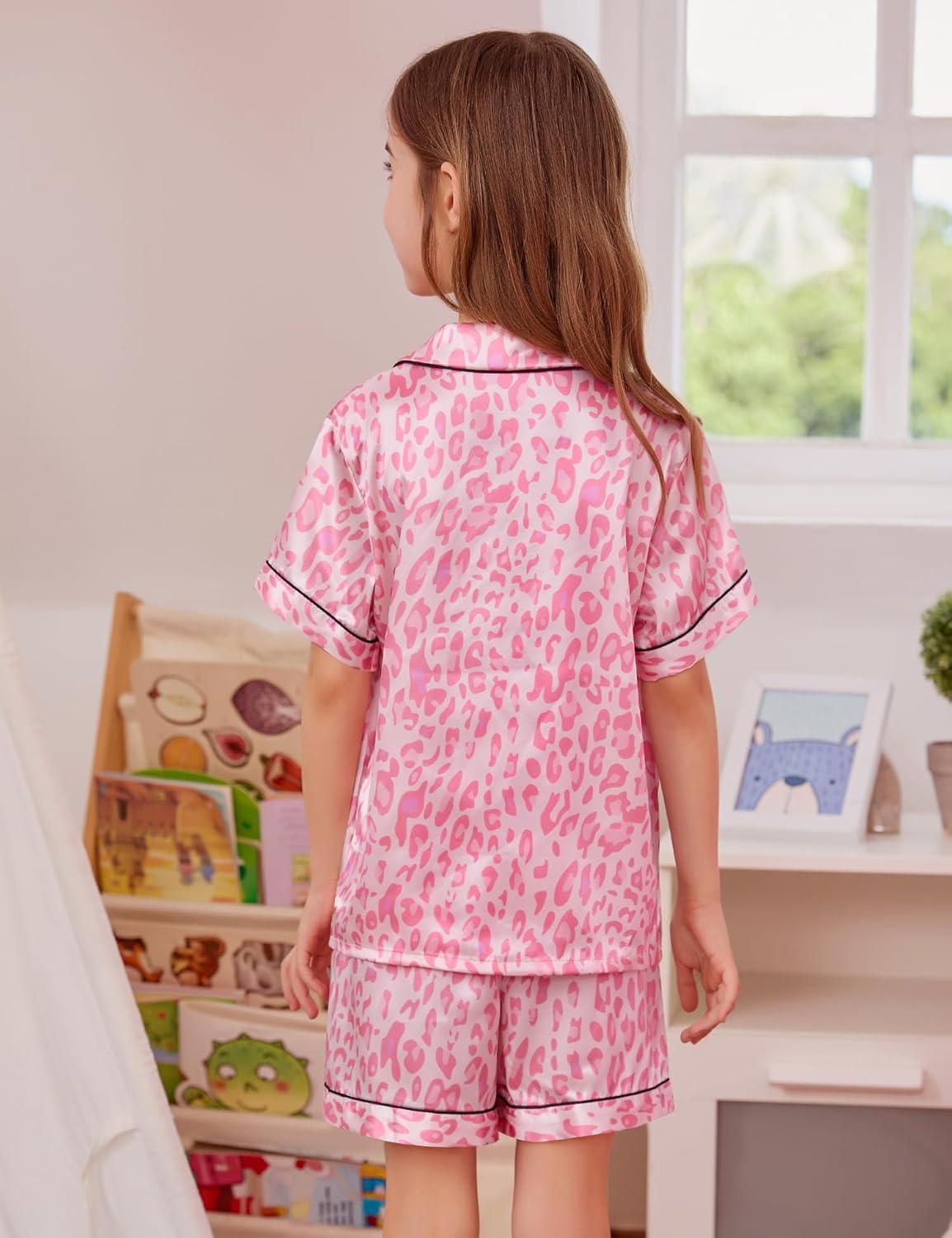 imageSWOMOG Girls Pajamas Silk Satin Pajama Set Short Sleeve Button Down Sleepwear Soft Cute PJs with Ruffle Shorts LoungewearLeopard Print