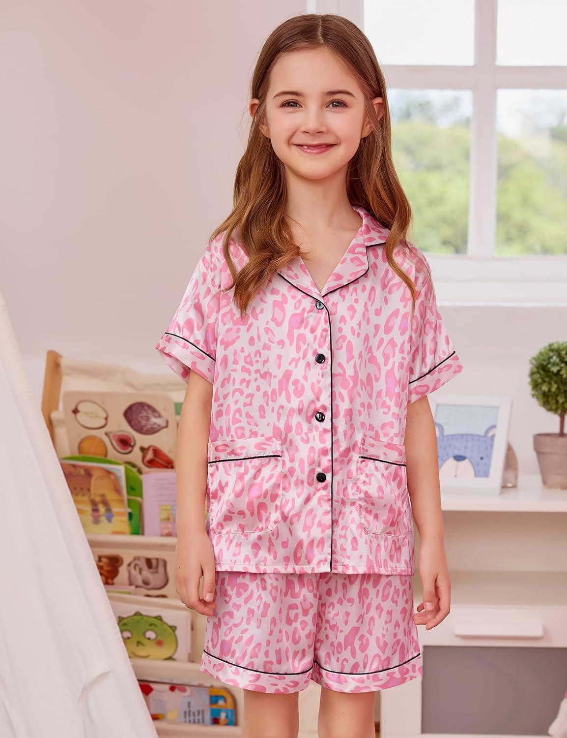 imageSWOMOG Girls Pajamas Silk Satin Pajama Set Short Sleeve Button Down Sleepwear Soft Cute PJs with Ruffle Shorts LoungewearLeopard Print