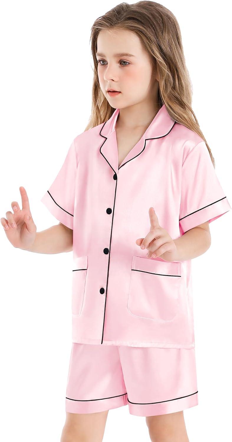 imageSWOMOG Girls Pajamas Silk Satin Pajama Set Short Sleeve Button Down Sleepwear Soft Cute PJs with Ruffle Shorts LoungewearLight Pink