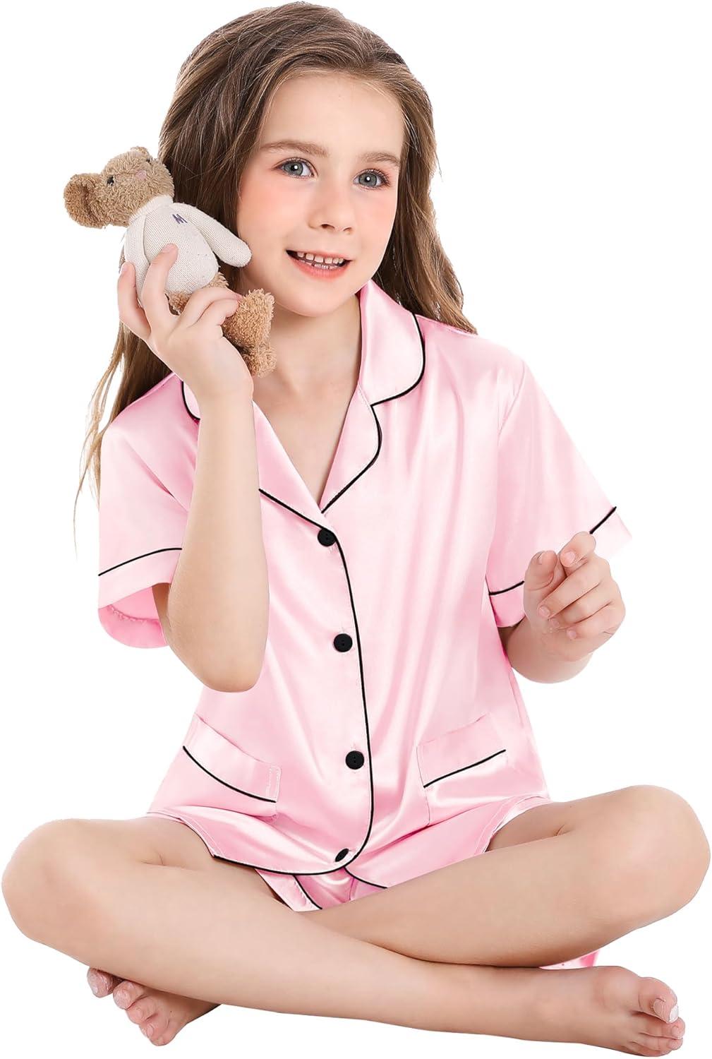 imageSWOMOG Girls Pajamas Silk Satin Pajama Set Short Sleeve Button Down Sleepwear Soft Cute PJs with Ruffle Shorts LoungewearLight Pink