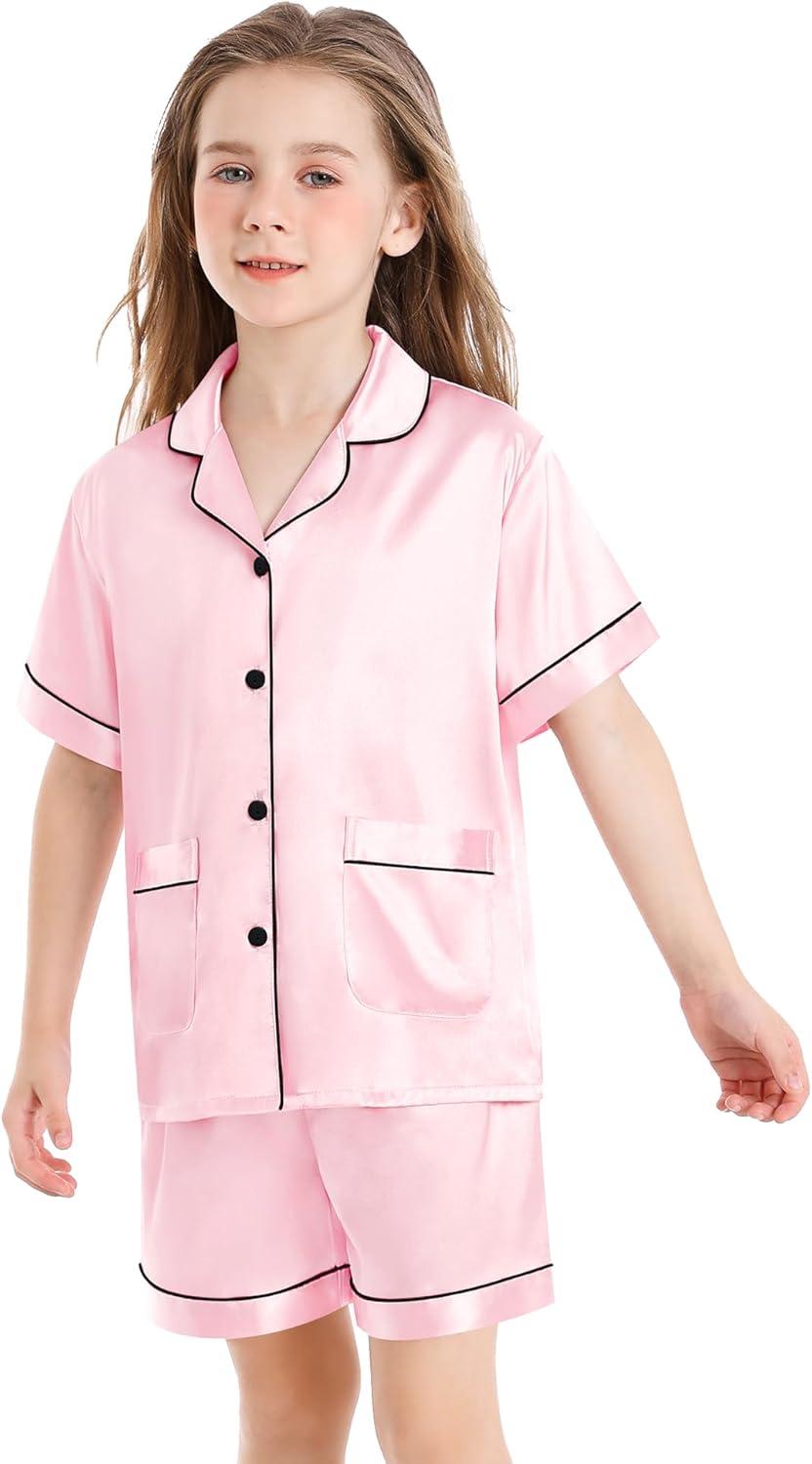 imageSWOMOG Girls Pajamas Silk Satin Pajama Set Short Sleeve Button Down Sleepwear Soft Cute PJs with Ruffle Shorts LoungewearLight Pink