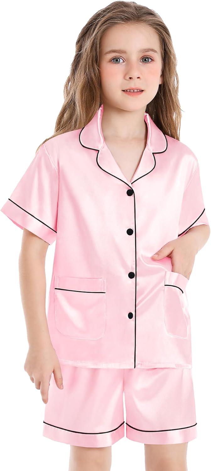 imageSWOMOG Girls Pajamas Silk Satin Pajama Set Short Sleeve Button Down Sleepwear Soft Cute PJs with Ruffle Shorts LoungewearLight Pink
