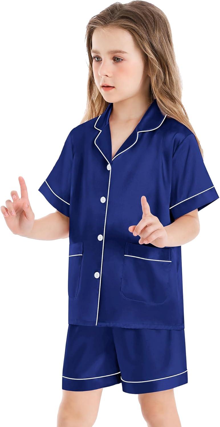 imageSWOMOG Girls Pajamas Silk Satin Pajama Set Short Sleeve Button Down Sleepwear Soft Cute PJs with Ruffle Shorts LoungewearMidnight Blue