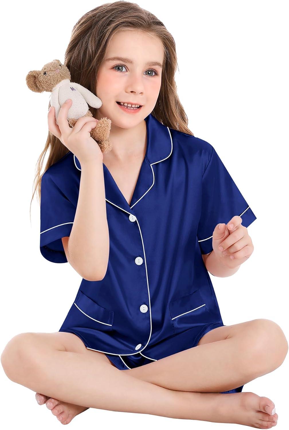 imageSWOMOG Girls Pajamas Silk Satin Pajama Set Short Sleeve Button Down Sleepwear Soft Cute PJs with Ruffle Shorts LoungewearMidnight Blue