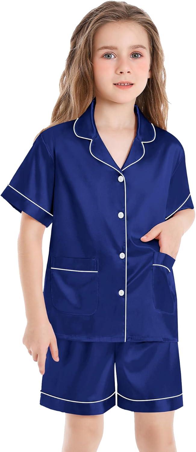 imageSWOMOG Girls Pajamas Silk Satin Pajama Set Short Sleeve Button Down Sleepwear Soft Cute PJs with Ruffle Shorts LoungewearMidnight Blue