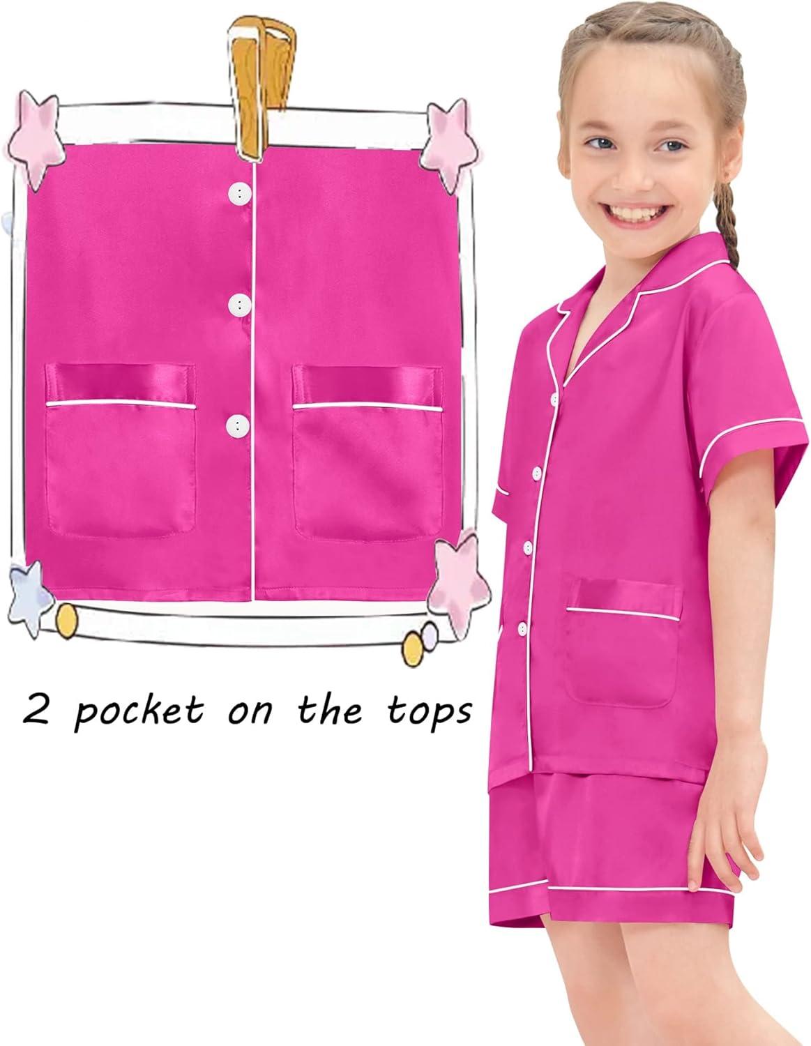 imageSWOMOG Girls Pajamas Silk Satin Pajama Set Short Sleeve Button Down Sleepwear Soft Cute PJs with Ruffle Shorts LoungewearRosa Red