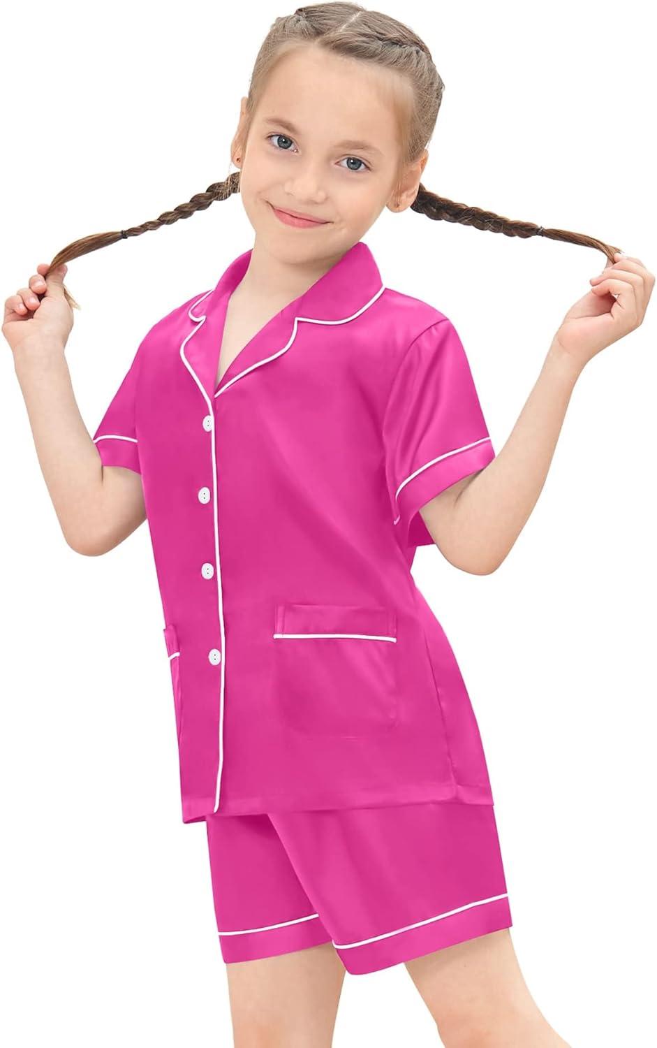 imageSWOMOG Girls Pajamas Silk Satin Pajama Set Short Sleeve Button Down Sleepwear Soft Cute PJs with Ruffle Shorts LoungewearRosa Red