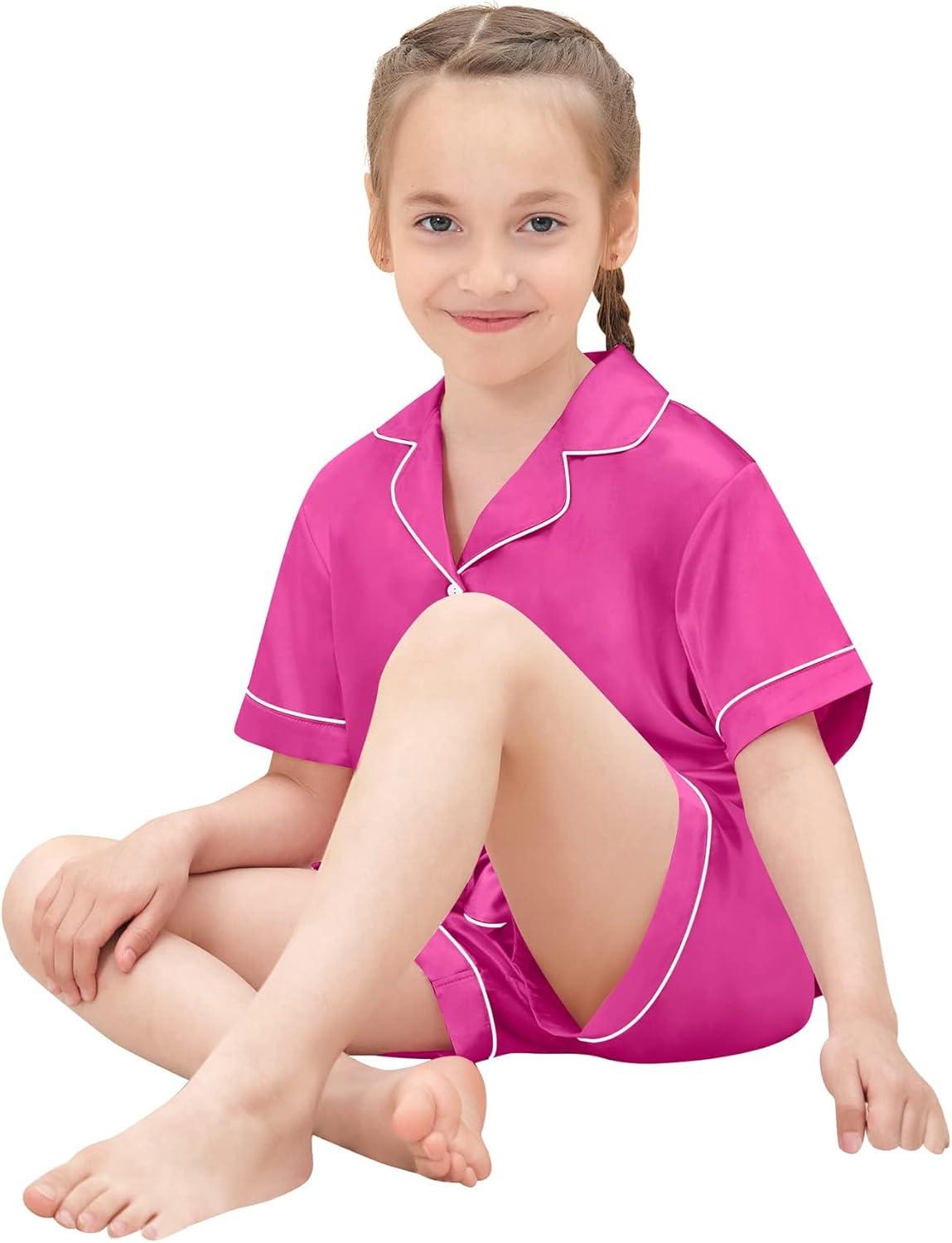 imageSWOMOG Girls Pajamas Silk Satin Pajama Set Short Sleeve Button Down Sleepwear Soft Cute PJs with Ruffle Shorts LoungewearRosa Red