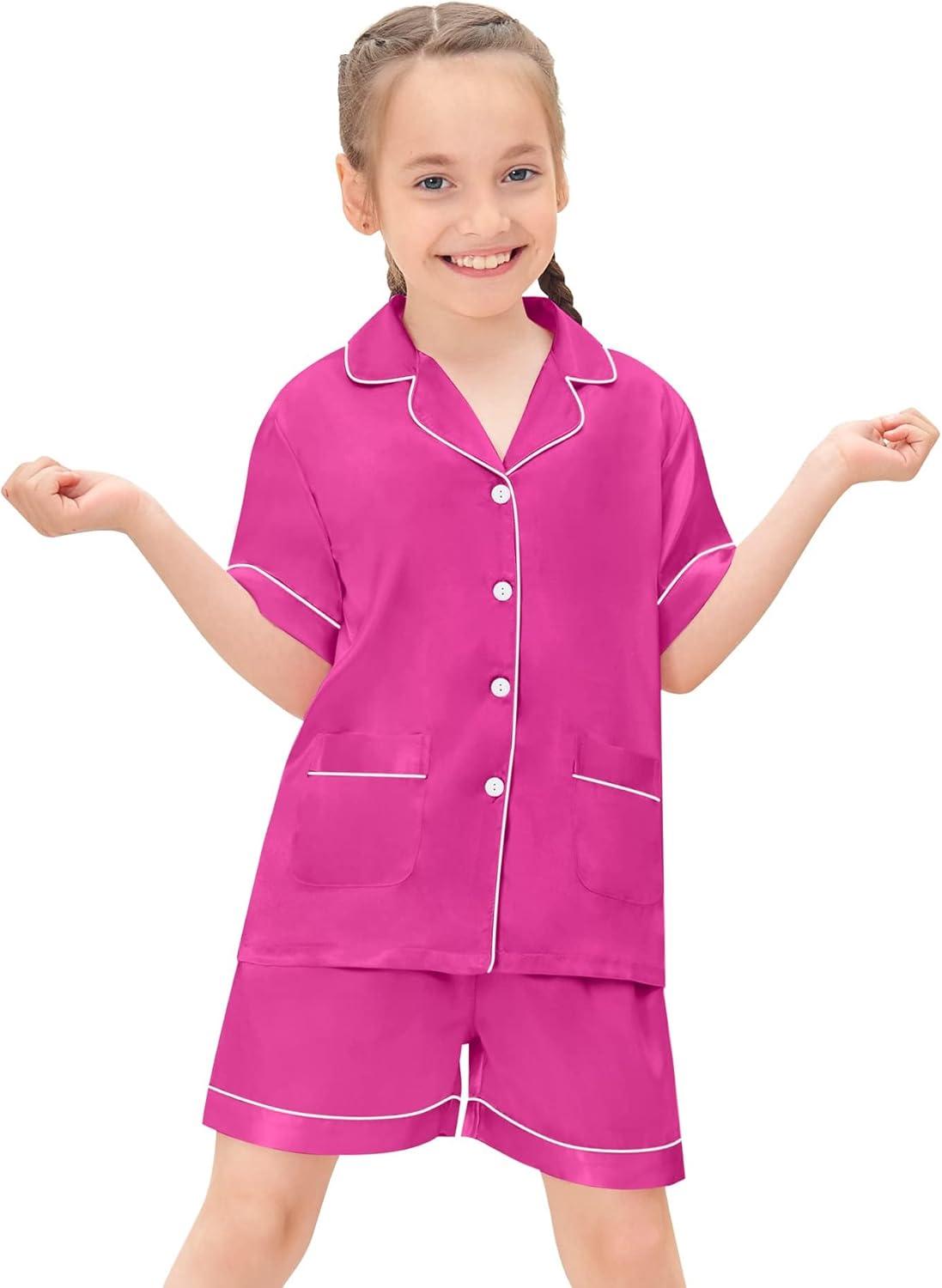 imageSWOMOG Girls Pajamas Silk Satin Pajama Set Short Sleeve Button Down Sleepwear Soft Cute PJs with Ruffle Shorts LoungewearRosa Red