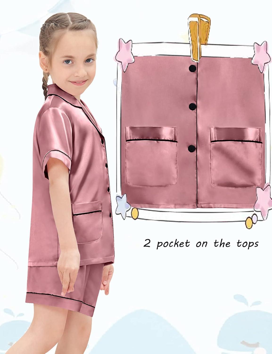 imageSWOMOG Girls Pajamas Silk Satin Pajama Set Short Sleeve Button Down Sleepwear Soft Cute PJs with Ruffle Shorts LoungewearSoft Misty Pink