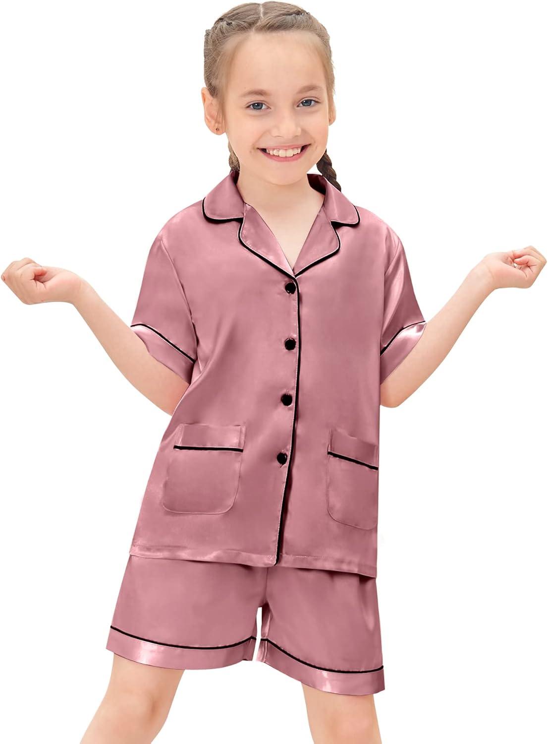 imageSWOMOG Girls Pajamas Silk Satin Pajama Set Short Sleeve Button Down Sleepwear Soft Cute PJs with Ruffle Shorts LoungewearSoft Misty Pink