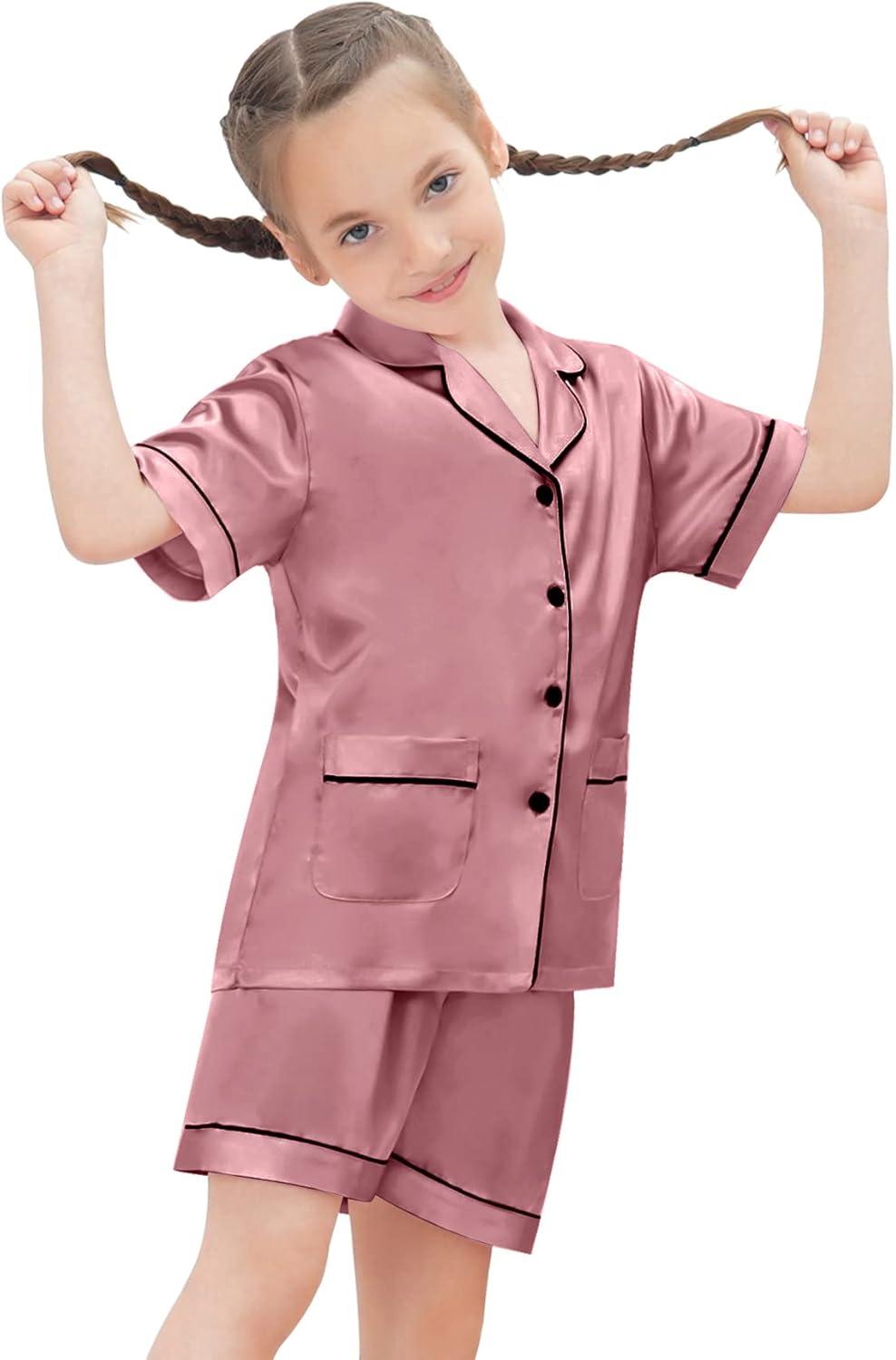 imageSWOMOG Girls Pajamas Silk Satin Pajama Set Short Sleeve Button Down Sleepwear Soft Cute PJs with Ruffle Shorts LoungewearSoft Misty Pink