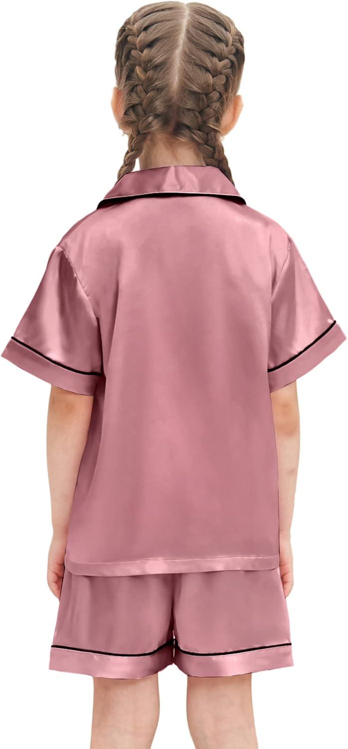 imageSWOMOG Girls Pajamas Silk Satin Pajama Set Short Sleeve Button Down Sleepwear Soft Cute PJs with Ruffle Shorts LoungewearSoft Misty Pink