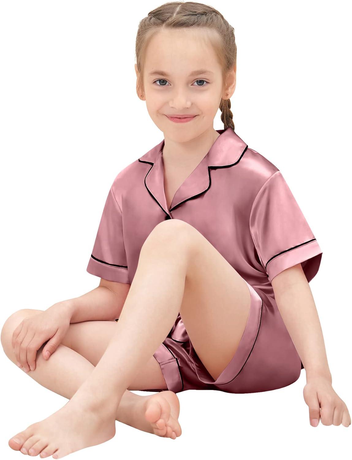 imageSWOMOG Girls Pajamas Silk Satin Pajama Set Short Sleeve Button Down Sleepwear Soft Cute PJs with Ruffle Shorts LoungewearSoft Misty Pink
