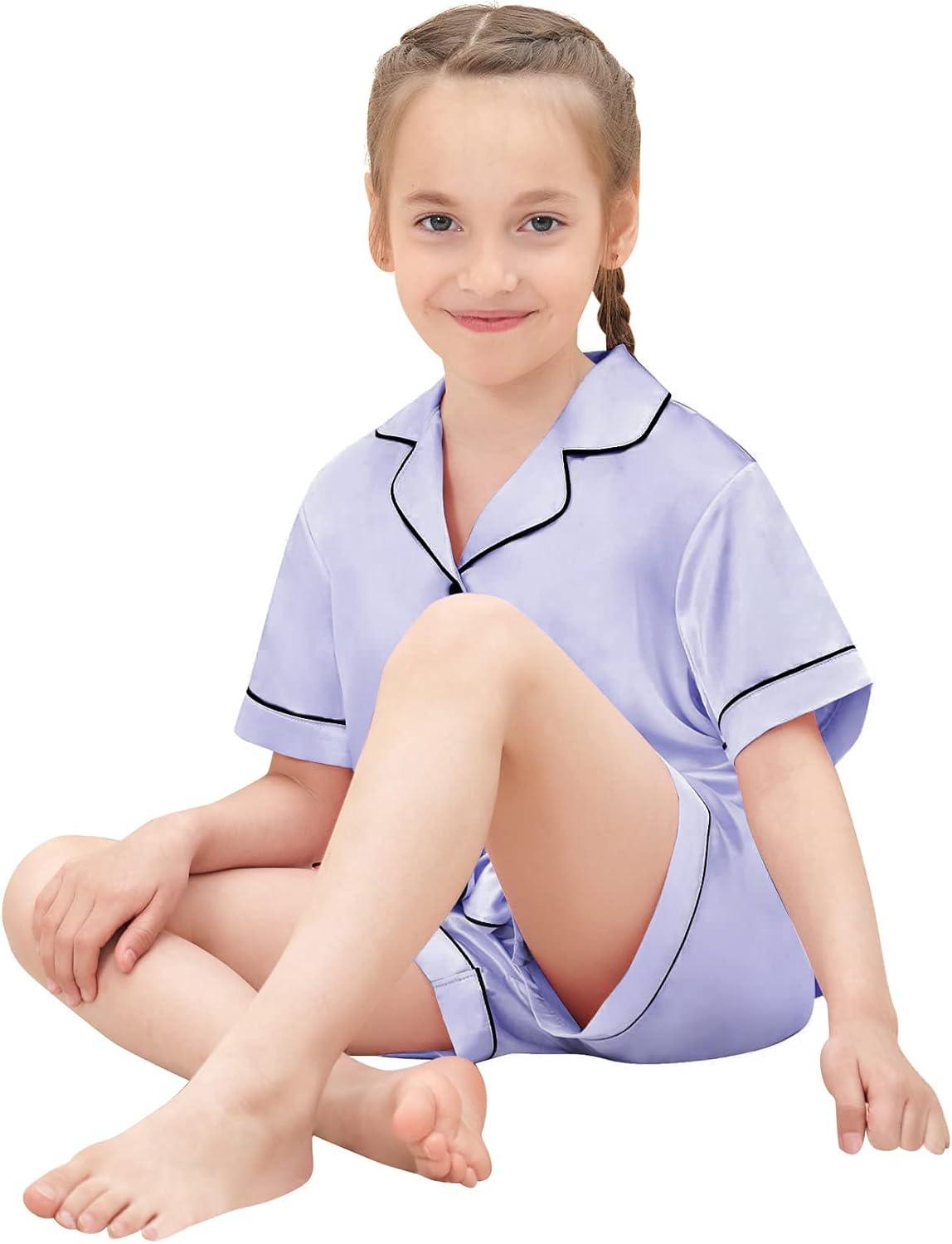 imageSWOMOG Girls Pajamas Silk Satin Pajama Set Short Sleeve Button Down Sleepwear Soft Cute PJs with Ruffle Shorts Loungewearmauve