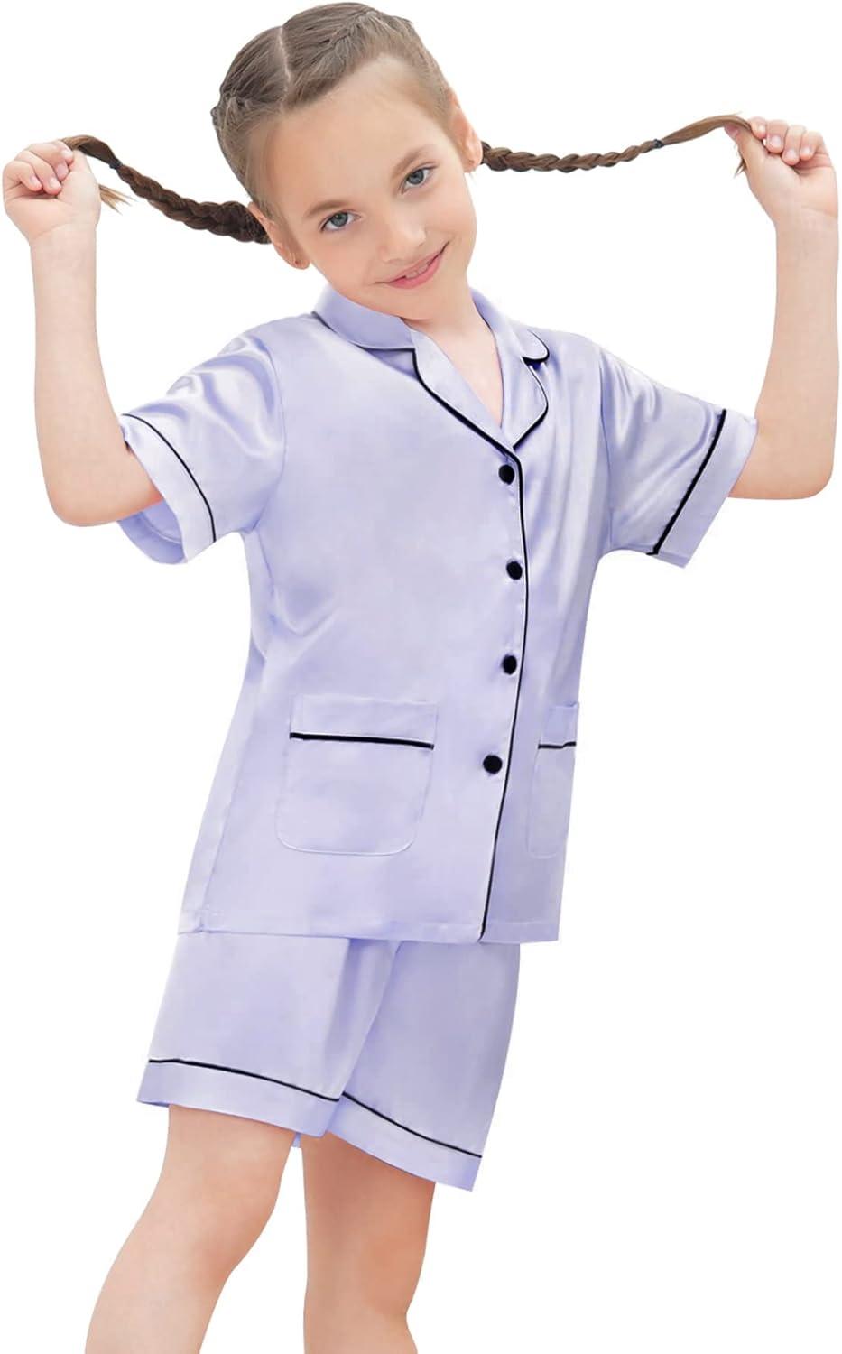 imageSWOMOG Girls Pajamas Silk Satin Pajama Set Short Sleeve Button Down Sleepwear Soft Cute PJs with Ruffle Shorts Loungewearmauve