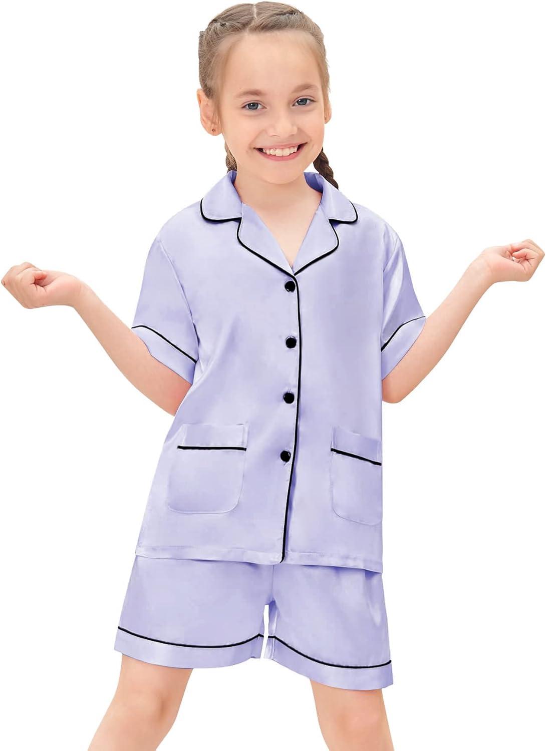 imageSWOMOG Girls Pajamas Silk Satin Pajama Set Short Sleeve Button Down Sleepwear Soft Cute PJs with Ruffle Shorts Loungewearmauve