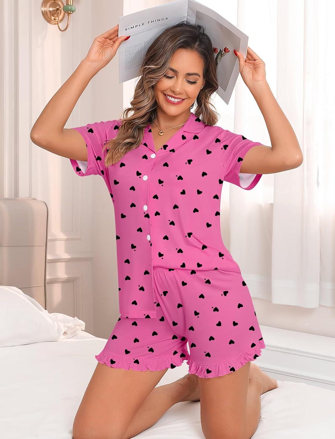 imageSWOMOG Woman Pajama Set Short Sleeve Pjs Set 2Pcs Short Pajamas Button Down Ruffle Hem Sleepwear Soft Modal LoungewearPink Heart