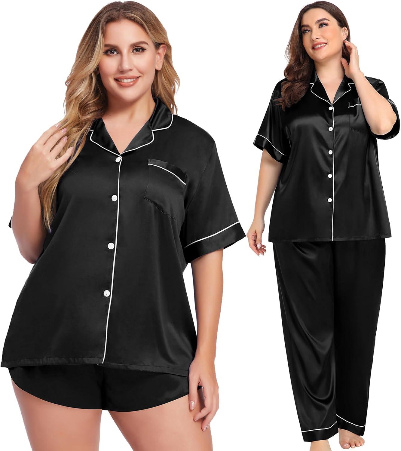 imageSWOMOG Women Plus Size Pajama Set 4pcs Silk Satin Sleepwear Button Down Pjs Cami Shorts Set Loose Loungewear 16W26WBlack