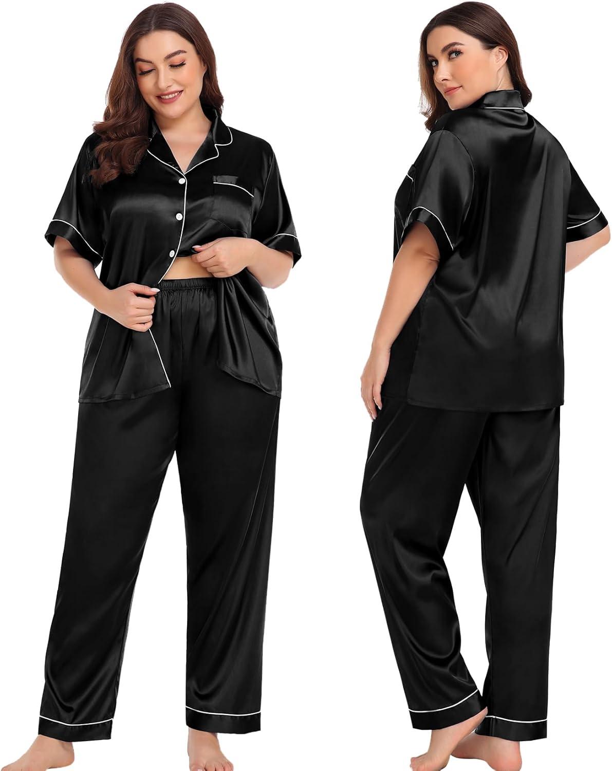 imageSWOMOG Women Plus Size Pajama Set 4pcs Silk Satin Sleepwear Button Down Pjs Cami Shorts Set Loose Loungewear 16W26WBlack