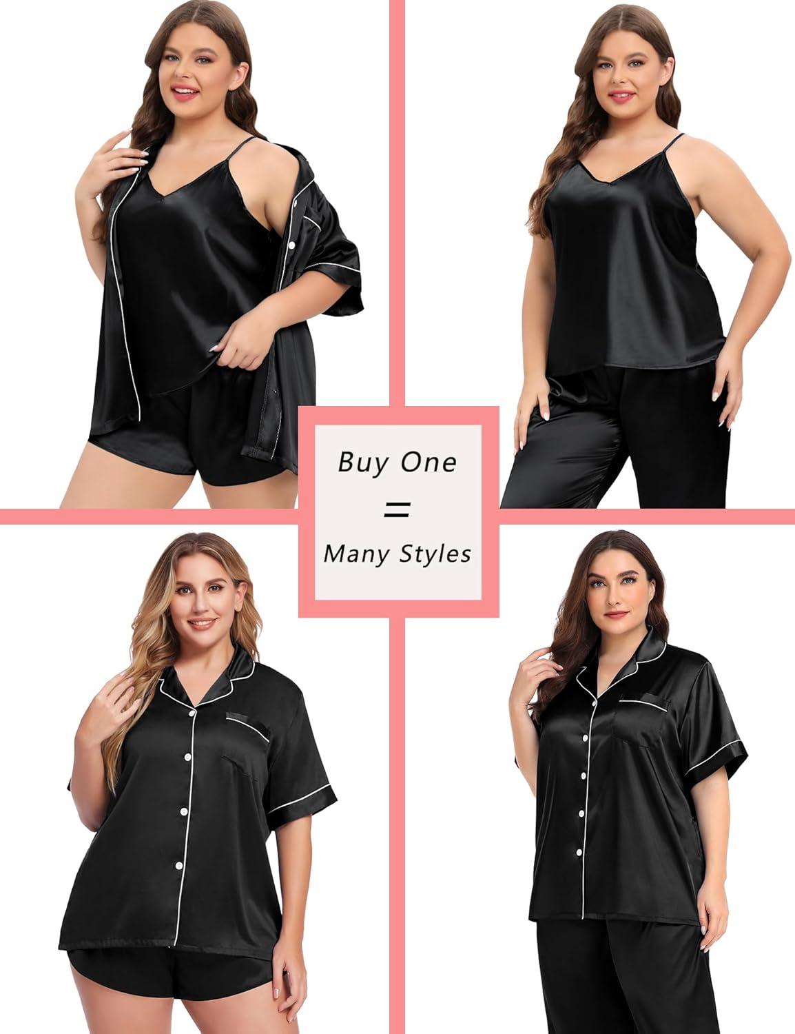 imageSWOMOG Women Plus Size Pajama Set 4pcs Silk Satin Sleepwear Button Down Pjs Cami Shorts Set Loose Loungewear 16W26WBlack