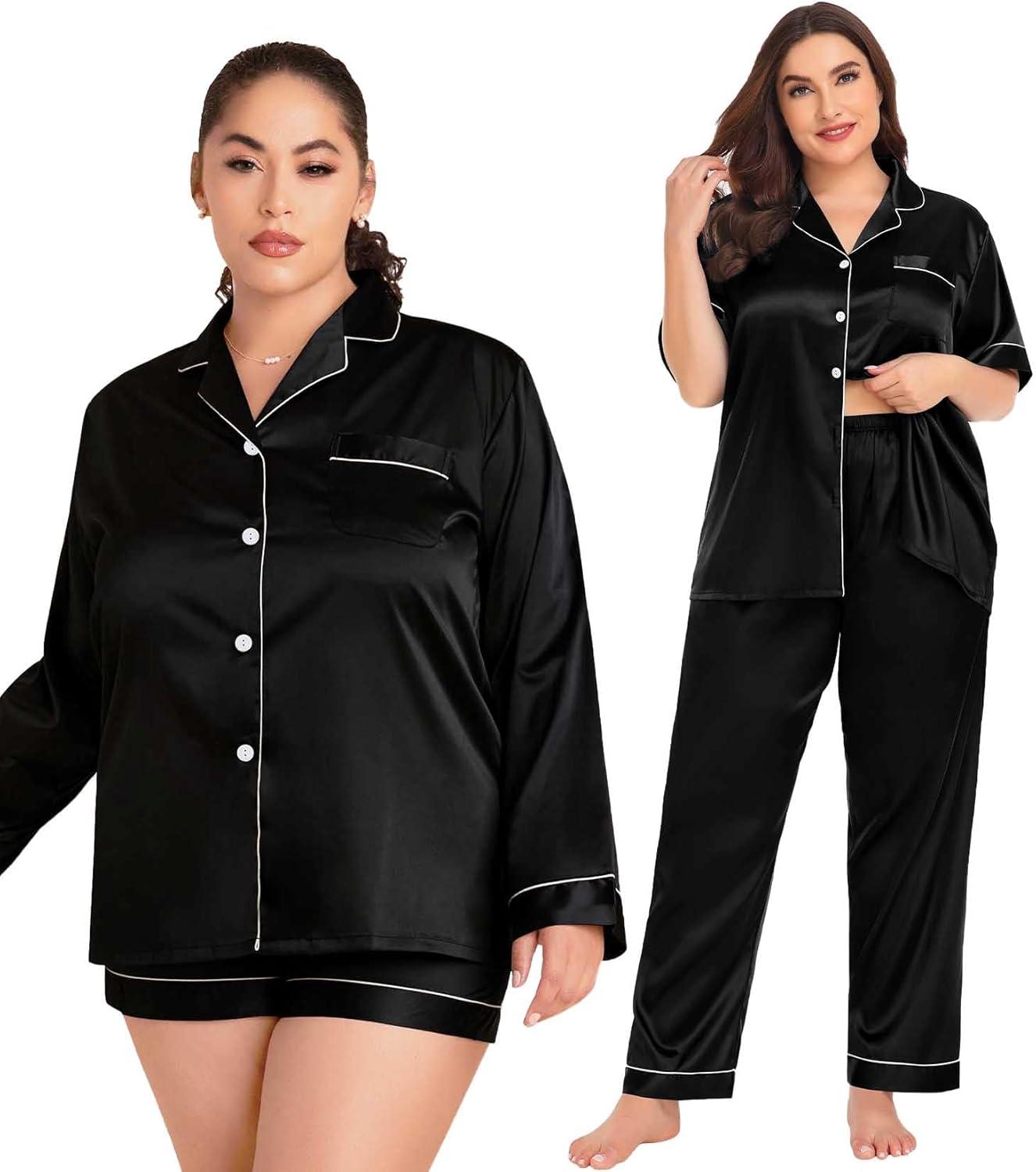 imageSWOMOG Women Plus Size Pajama Set 4pcs Silk Satin Sleepwear Button Down Pjs Cami Shorts Set Loose Loungewear 16W26WDark