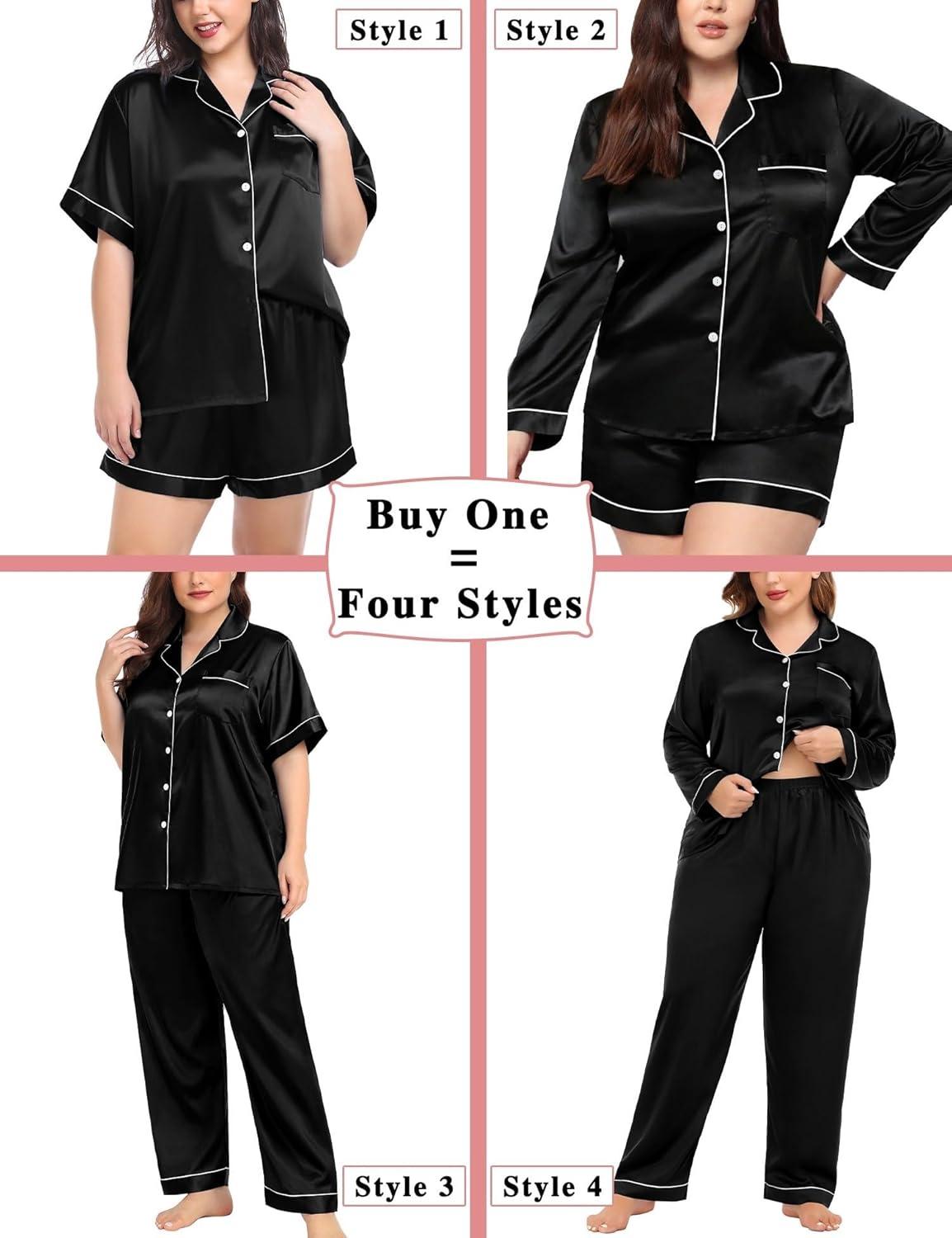 imageSWOMOG Women Plus Size Pajama Set 4pcs Silk Satin Sleepwear Button Down Pjs Cami Shorts Set Loose Loungewear 16W26WDark