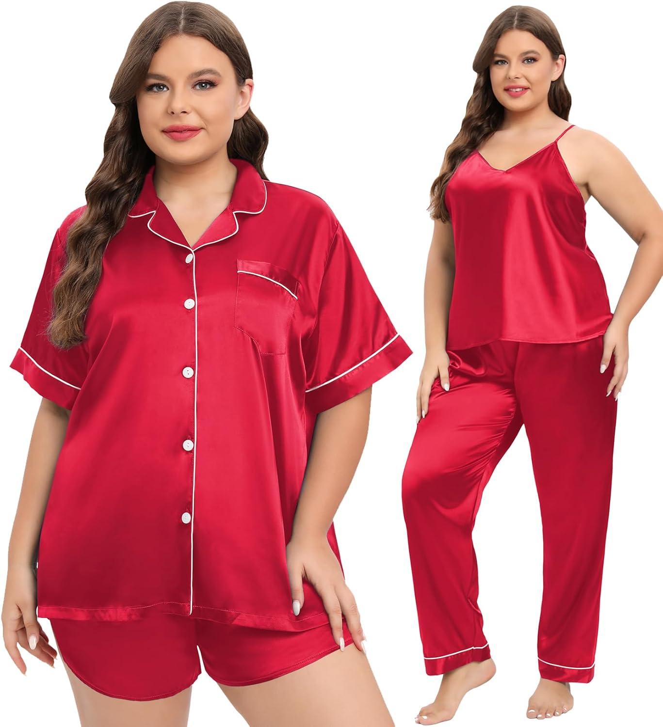 imageSWOMOG Women Plus Size Pajama Set 4pcs Silk Satin Sleepwear Button Down Pjs Cami Shorts Set Loose Loungewear 16W26WDeep Red