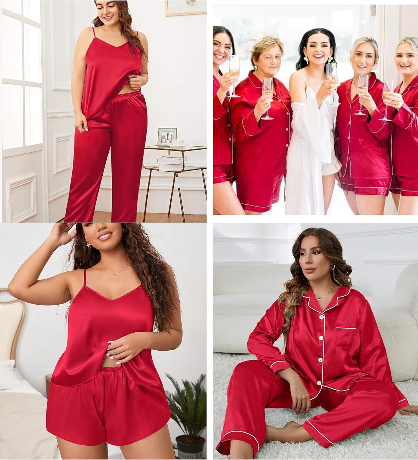imageSWOMOG Women Plus Size Pajama Set 4pcs Silk Satin Sleepwear Button Down Pjs Cami Shorts Set Loose Loungewear 16W26WDeep Red