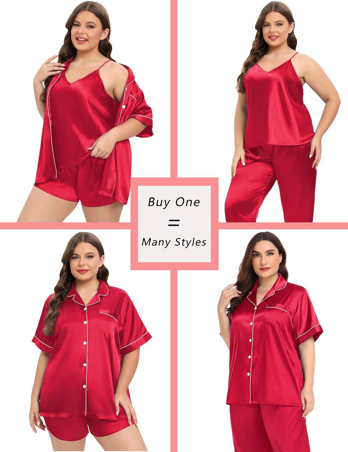 imageSWOMOG Women Plus Size Pajama Set 4pcs Silk Satin Sleepwear Button Down Pjs Cami Shorts Set Loose Loungewear 16W26WDeep Red