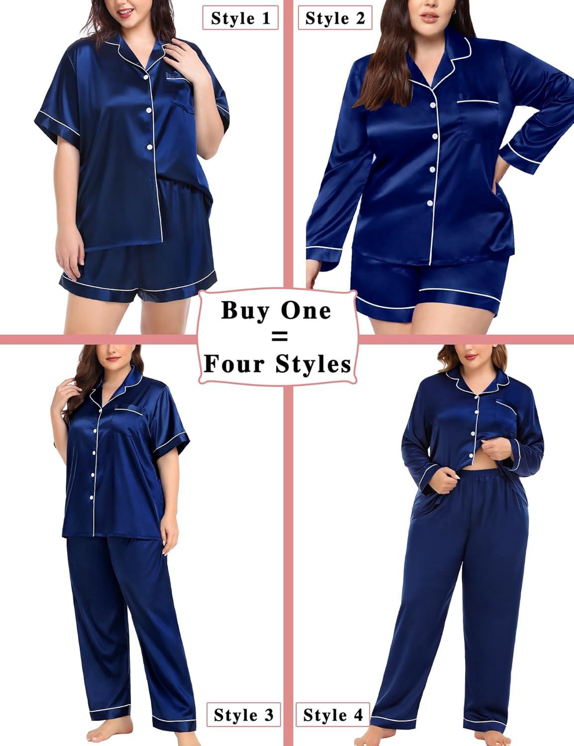 imageSWOMOG Women Plus Size Pajama Set 4pcs Silk Satin Sleepwear Button Down Pjs Cami Shorts Set Loose Loungewear 16W26WMidnight Blue