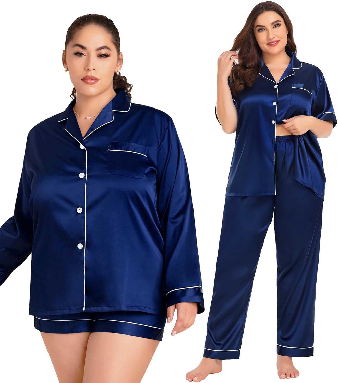imageSWOMOG Women Plus Size Pajama Set 4pcs Silk Satin Sleepwear Button Down Pjs Cami Shorts Set Loose Loungewear 16W26WMidnight Blue