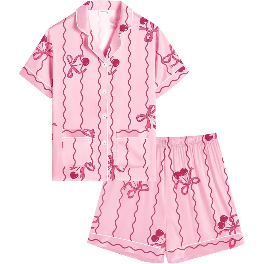 imageSWOMOG Girls Pajamas Silk Satin Pajama Set Short Sleeve Button Down Sleepwear Soft Cute PJs with Ruffle Shorts LoungewearButterfly Pink