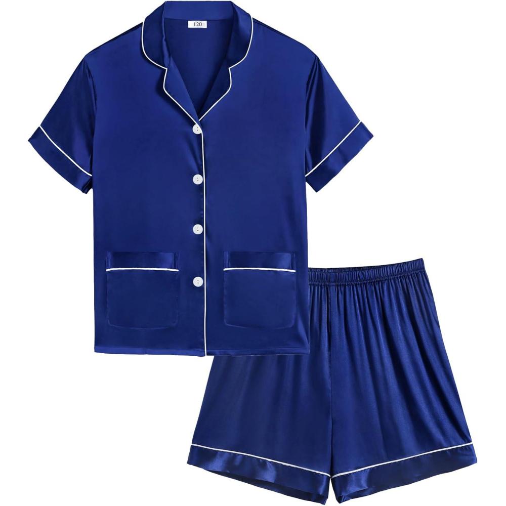 imageSWOMOG Girls Pajamas Silk Satin Pajama Set Short Sleeve Button Down Sleepwear Soft Cute PJs with Ruffle Shorts LoungewearMidnight Blue