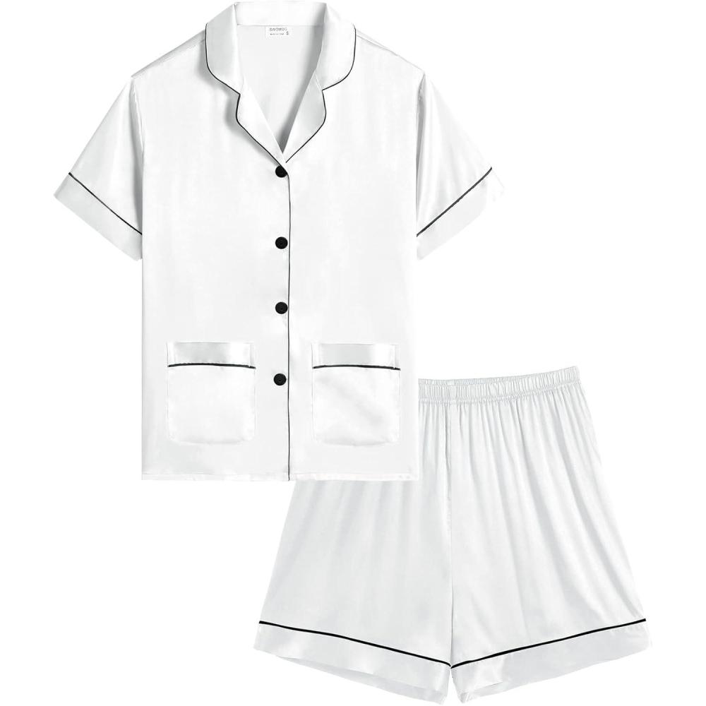 imageSWOMOG Girls Pajamas Silk Satin Pajama Set Short Sleeve Button Down Sleepwear Soft Cute PJs with Ruffle Shorts LoungewearWhite