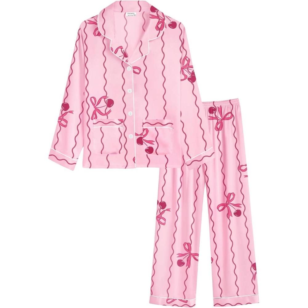 imageSWOMOG Girls Satin Pajamas Sets Kids ButtonDown Pjs Long Sleeve Silk Nightwear 2 Piece Lounge Sets Bow Sleepwear 415Y