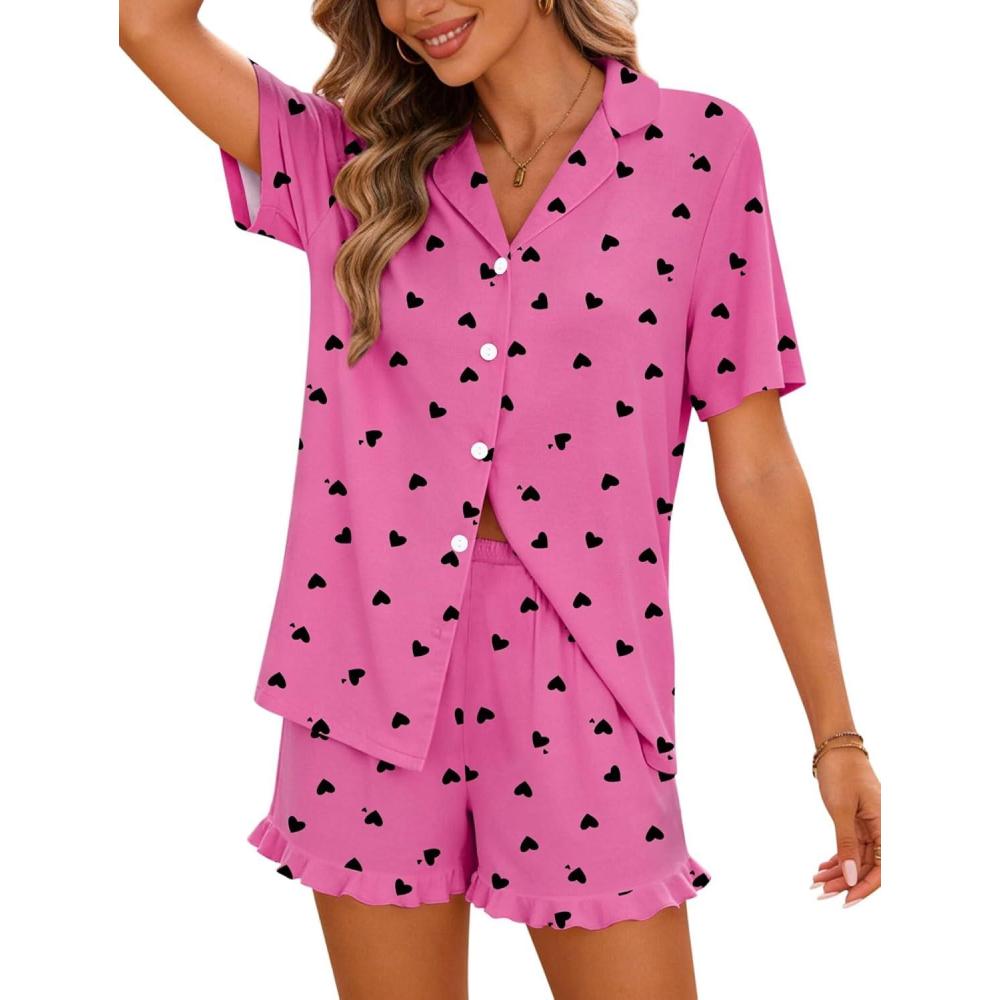 imageSWOMOG Woman Pajama Set Short Sleeve Pjs Set 2Pcs Short Pajamas Button Down Ruffle Hem Sleepwear Soft Modal LoungewearPink Heart