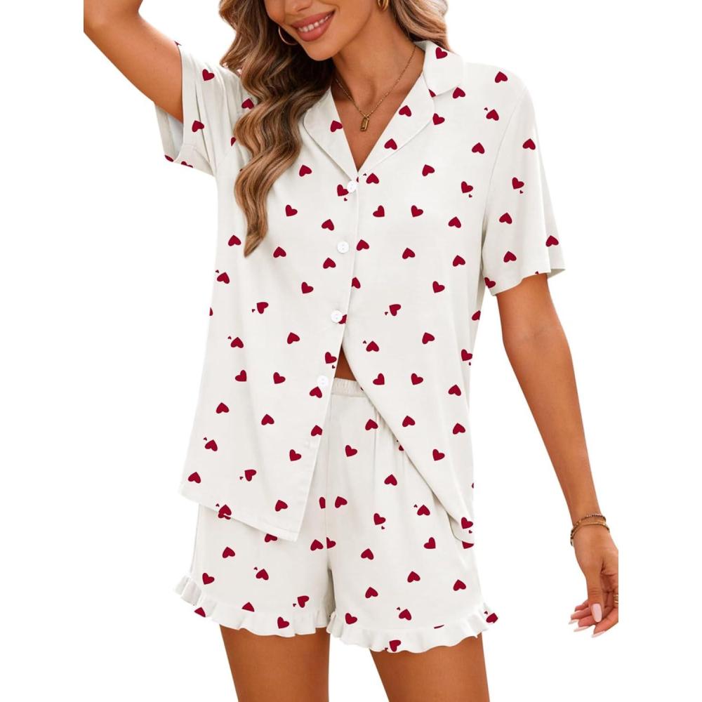 imageSWOMOG Woman Pajama Set Short Sleeve Pjs Set 2Pcs Short Pajamas Button Down Ruffle Hem Sleepwear Soft Modal LoungewearWhite Heart