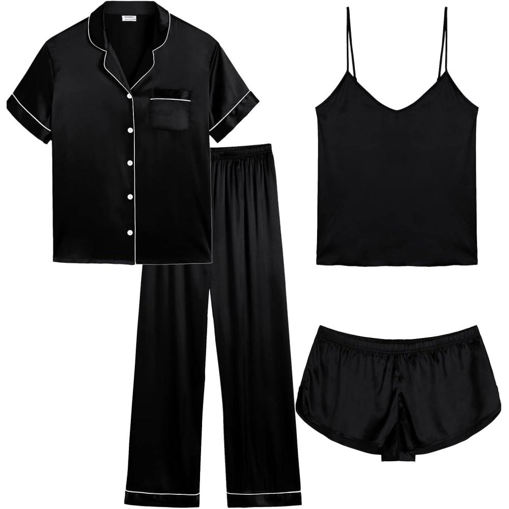 imageSWOMOG Women Plus Size Pajama Set 4pcs Silk Satin Sleepwear Button Down Pjs Cami Shorts Set Loose Loungewear 16W26WBlack